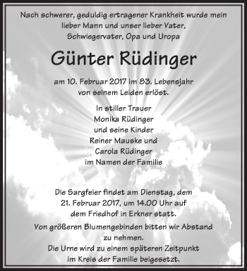 Traueranzeige von Günter Rüdinger von Märkische Oderzeitung