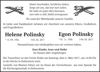 Traueranzeige von Helene und Egon Polinsky von Märkische Oderzeitung