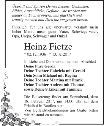 Traueranzeige von Heinz Fietze von Märkische Oderzeitung