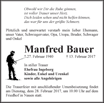 Traueranzeige von Manfred Bauer von Märkische Oderzeitung