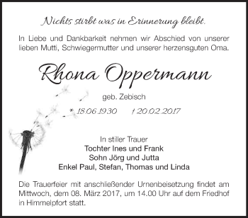 Traueranzeige von Rhona Oppermann von Märkische Oderzeitung