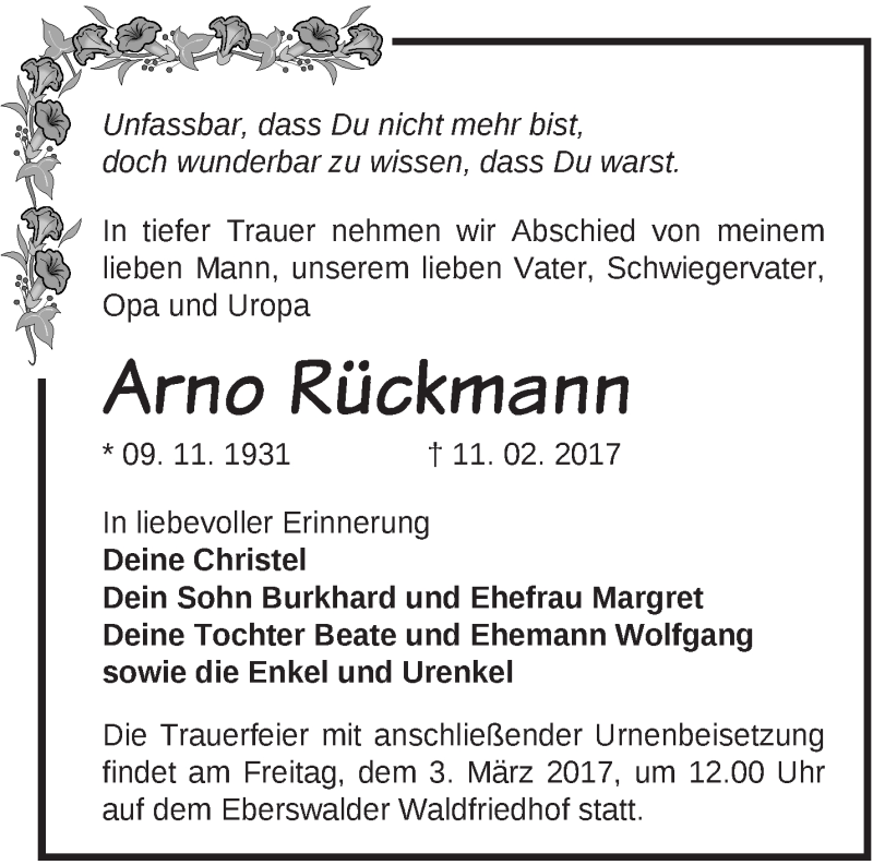  Traueranzeige für Arno Rückmann vom 26.02.2017 aus Märkische Oderzeitung