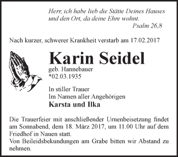 Traueranzeige von Karin Seidel von Märkische Oderzeitung