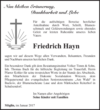 Traueranzeige von Friedrich Hayn von Märkische Oderzeitung