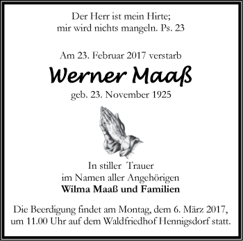 Traueranzeige von Werner Maaß von Märkische Oderzeitung