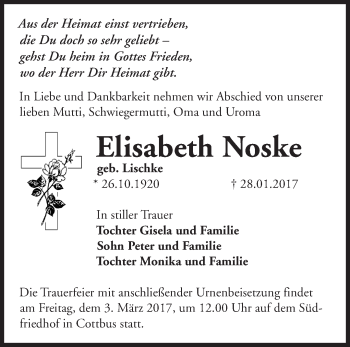 Traueranzeige von Elisabeth Noske von Märkische Oderzeitung