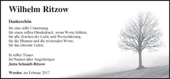 Traueranzeige von Wilhelm Ritzow von Märkische Oderzeitung