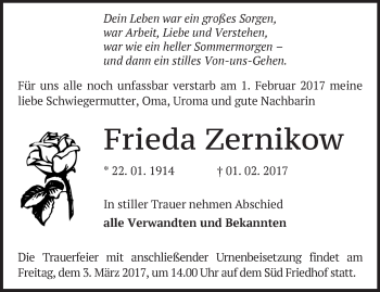 Traueranzeige von Frieda Zernikow von Märkische Oderzeitung