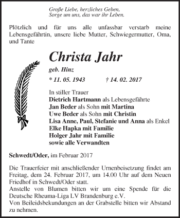 Traueranzeige von Christa Jahr von Märkische Oderzeitung