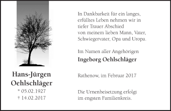 Traueranzeige von Hans-Jürgen Oehlschläger von Märkische Oderzeitung