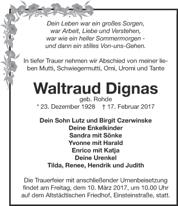 Traueranzeige von Waltraud Dignas von Märkische Oderzeitung