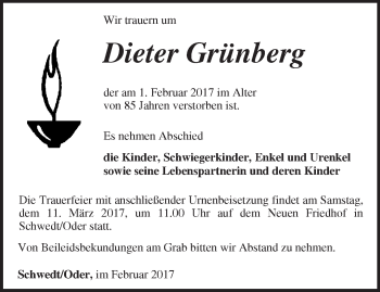 Traueranzeige von Dieter Grünberg von Märkische Oderzeitung