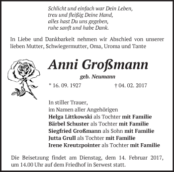 Traueranzeige von Anni Großmann von Märkische Oderzeitung