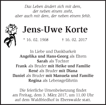 Traueranzeige von Jens-Uwe Korte von Märkische Oderzeitung