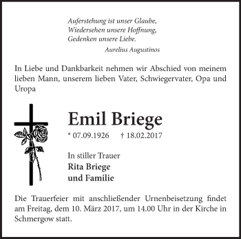 Traueranzeige von Emil Briege von Märkische Oderzeitung