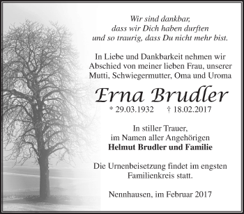 Traueranzeige von Erna Brudler von Märkische Oderzeitung