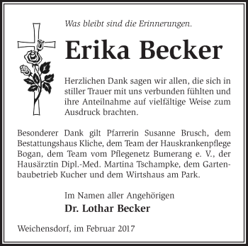 Traueranzeige von Erika Becker von Märkische Oderzeitung