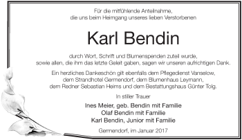 Traueranzeige von Karl Bendin von Märkische Oderzeitung