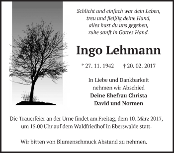 Traueranzeige von Ingo Lehmann von Märkische Oderzeitung