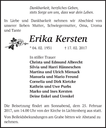 Traueranzeige von Erika Kersten von Märkische Oderzeitung