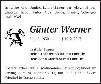 Traueranzeige von Günter Werner von Märkische Oderzeitung