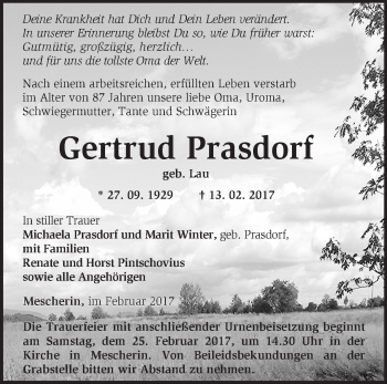 Traueranzeige von Gertrud Prasdorf von Märkische Oderzeitung