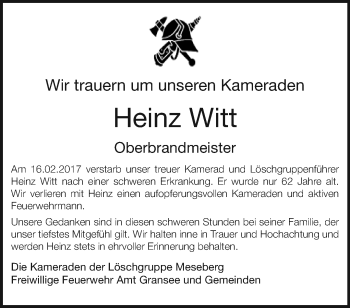 Traueranzeige von Heinz Witt von Märkische Oderzeitung