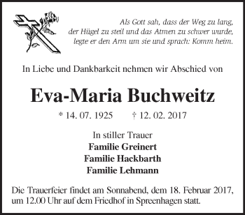 Traueranzeige von Eva-Maria Buchweitz von Märkische Oderzeitung