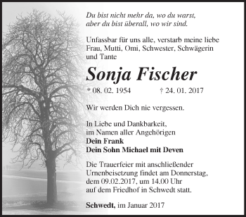 Traueranzeige von Sonja Fischer von Märkische Oderzeitung