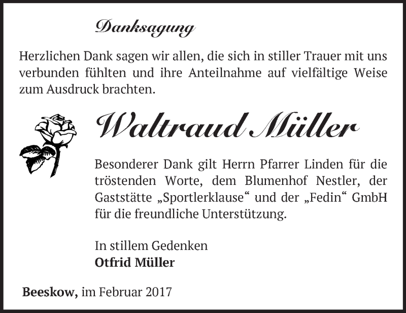 Traueranzeige für Waltraud Müller vom 25.02.2017 aus Märkische Oderzeitung