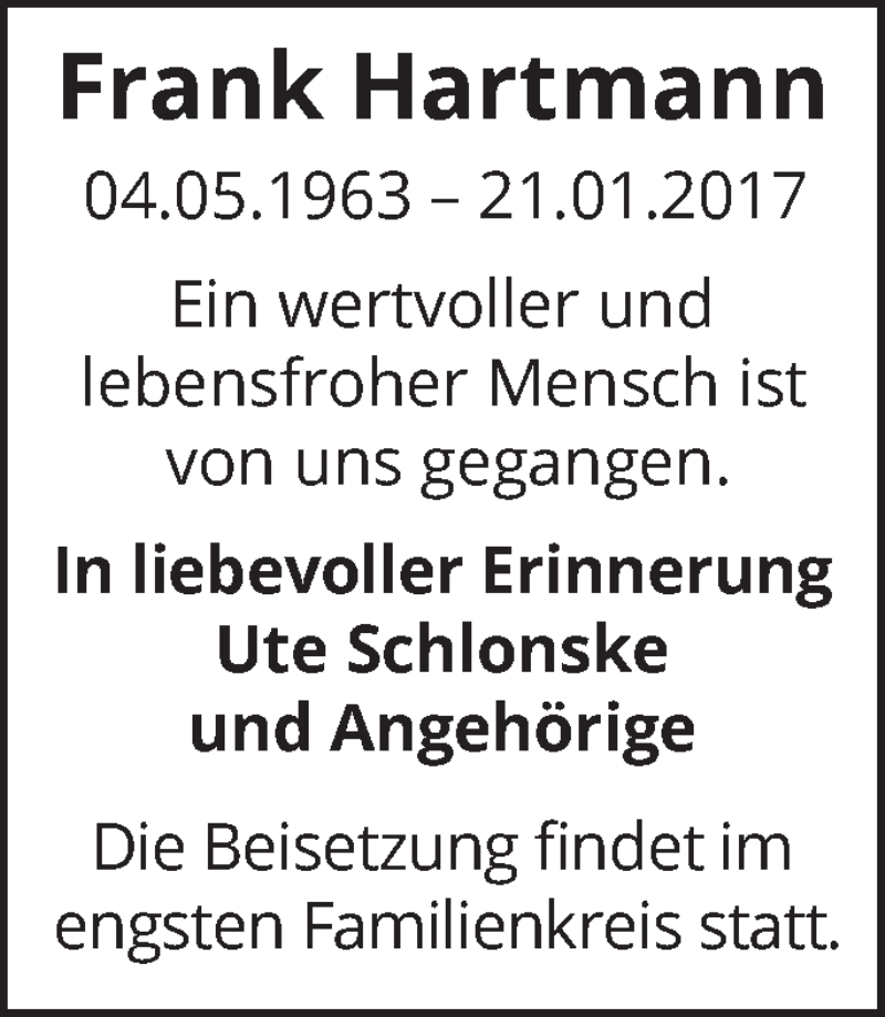  Traueranzeige für Frank Hartmann vom 04.02.2017 aus Märkische Oderzeitung