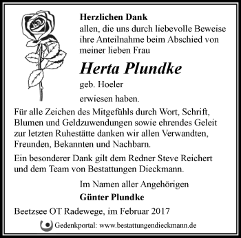 Traueranzeige von Herta Plundke von Märkische Oderzeitung