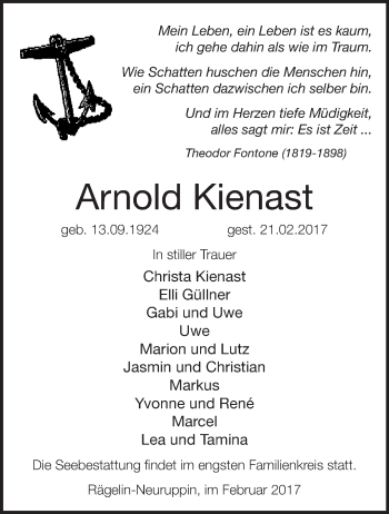 Traueranzeige von Arnold Kienast von Märkische Oderzeitung