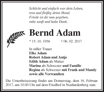 Traueranzeige von Bernd Adam von Märkische Oderzeitung