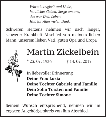 Traueranzeige von Martin Zickelbein von Märkische Oderzeitung