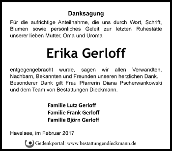 Traueranzeige von Erika Gerloff von Märkische Oderzeitung