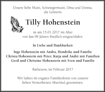 Traueranzeige von Tilly Hohenstein von Märkische Oderzeitung