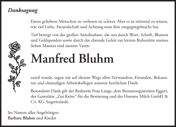 Traueranzeige von Manfred Bluhm von Märkische Oderzeitung