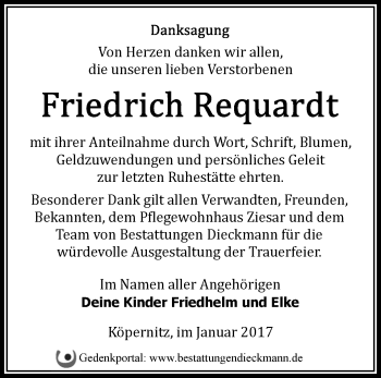 Traueranzeige von Friedrich Requardt von Märkische Oderzeitung