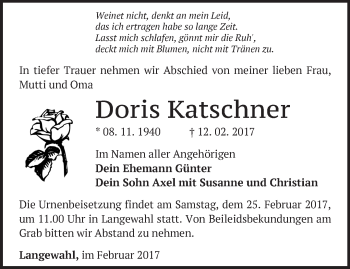 Traueranzeige von Doris Katschner von Märkische Oderzeitung