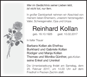 Traueranzeige von Reinhard Kollan von Märkische Oderzeitung