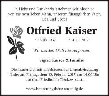 Traueranzeige von Otfried Kaiser von Märkische Oderzeitung