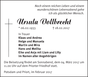 Traueranzeige von Ursula Vollbrecht von Märkische Oderzeitung