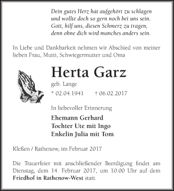 Traueranzeige von Herta Garz von Märkische Oderzeitung