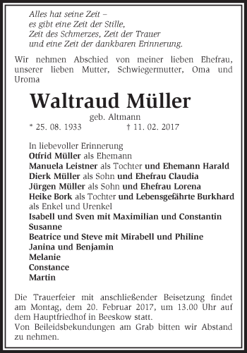 Traueranzeige von Waltraud Müller von Märkische Oderzeitung