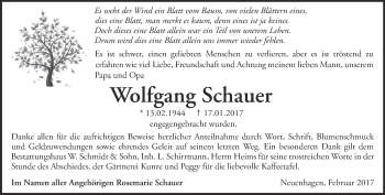 Traueranzeige von Wolfgang Schauer von Märkische Oderzeitung