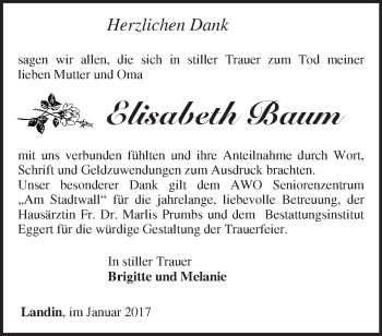 Traueranzeige von Elisabeth Baum von Märkische Oderzeitung