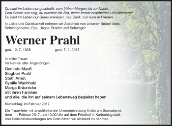 Traueranzeige von Werner Prahl von Märkische Oderzeitung