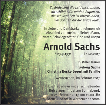 Traueranzeige von Arnold Sachs von Märkische Oderzeitung