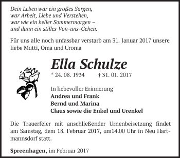 Traueranzeige von Ella Schulze von Märkische Oderzeitung